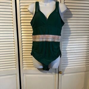 Elegant Green One Piece Swimsuit with Beaded Waist
